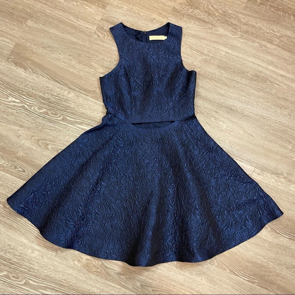 Blink Blank Deep Blue Jacquard Dress Cut Out Front waist Full Skirt Mini Dress